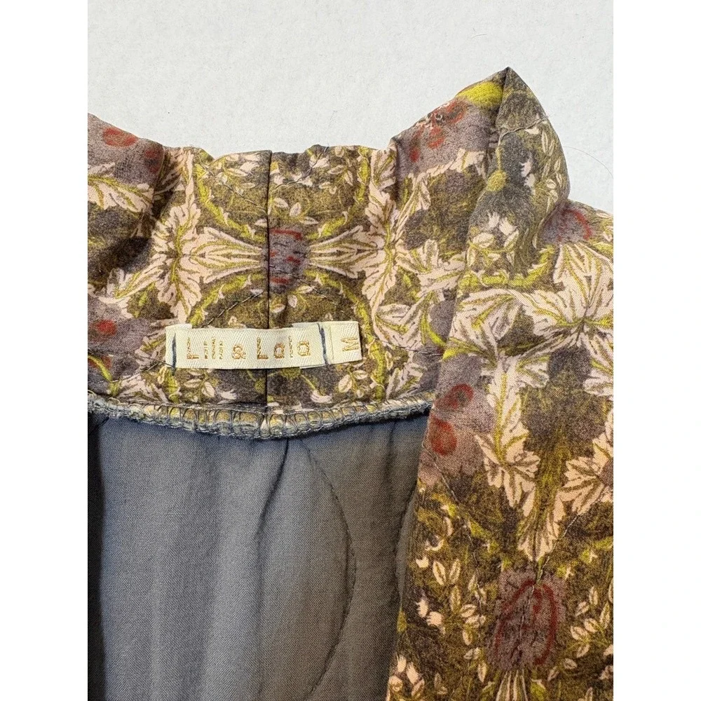 Lili & Lola Women Green‎ Floral Quilted Kimono Jacket Size M Cotton Open Front